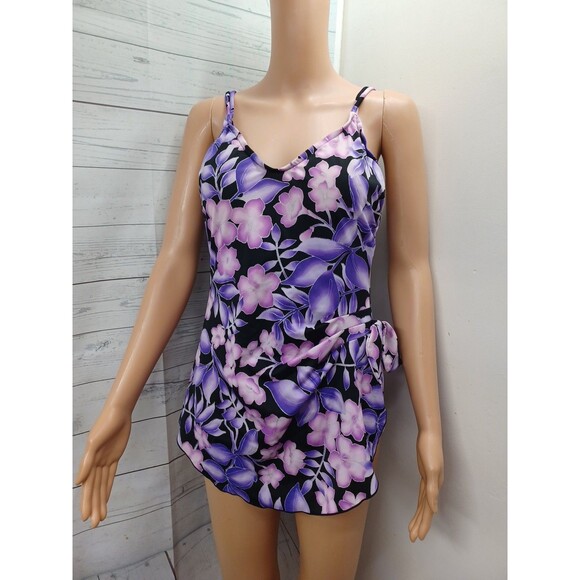Vtg Maxine Of Hollywood Purple Swimsuit Womens Floral One Piece Retro Beach 14 - Picture 1 of 9